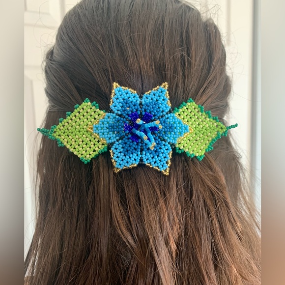 Large Blue Beaded Flower Hair Clip - Boho Chic Hair Accessories - Picture 1 of 5